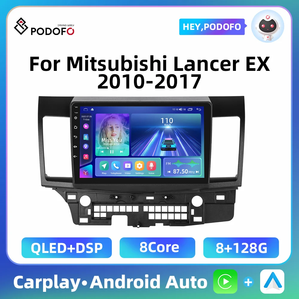 Podofo 8-ядрен авто экранный плейър за Mitsubishi Lancer EX 2010-2017 2din Android 8 + 128 GB, Bluetooth дистанционно управление FM-радио бутони, разположени на волана