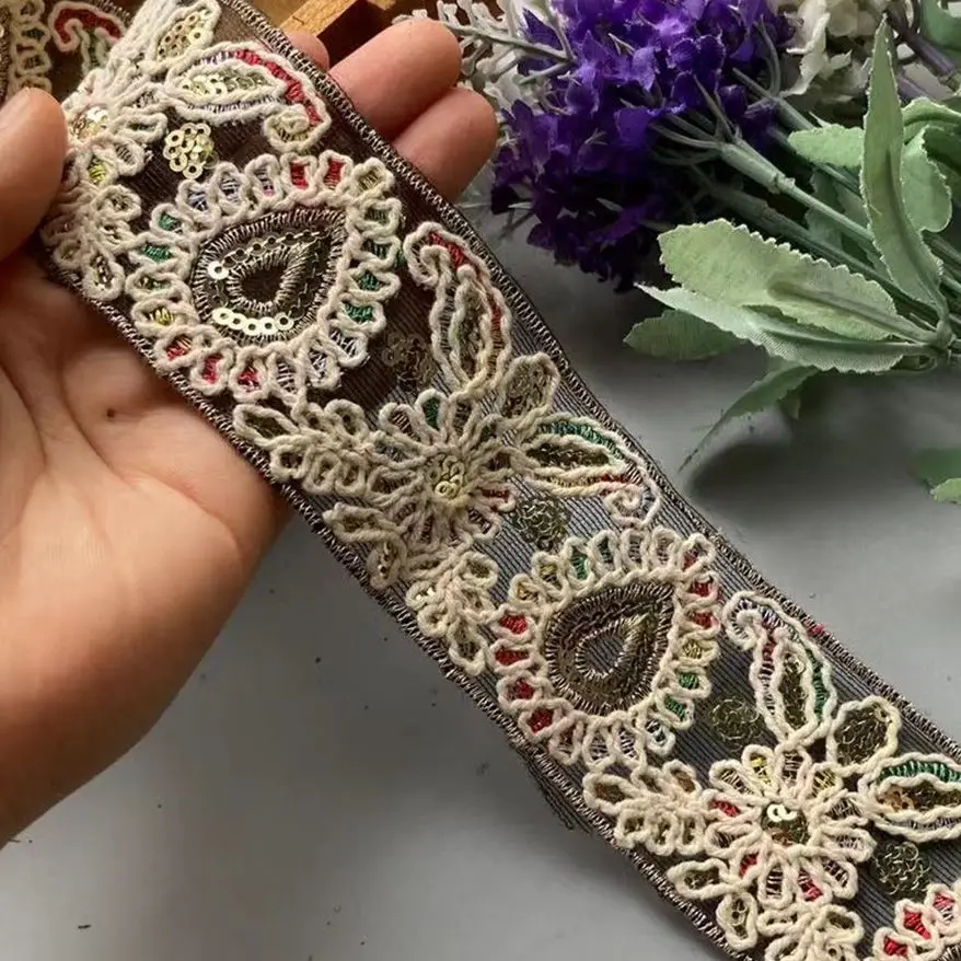 2 Ярд 5 см Пайети Африканска лейси покритие Сребро многоцветен геометрична лента за шиене на рокли със собствените си ръце Дантелени материали