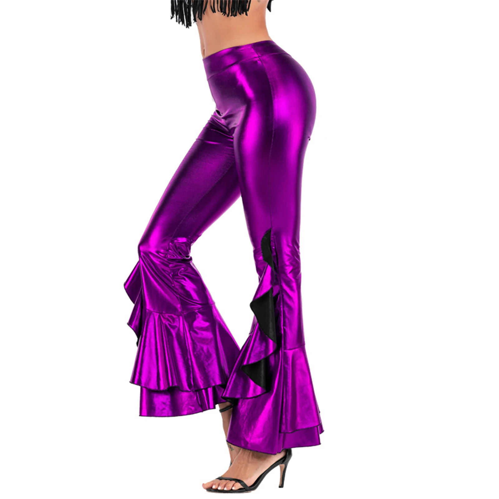 Дамски разкроена панталон с метални набори, мода разкроена панталони с висока талия за танцови партита, музикални фестивали, клубни рейвов