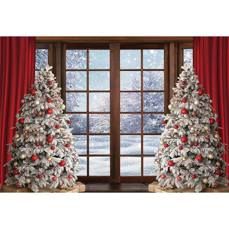 Коледни декори Avezano за фотография Прозорец Коледно дърво Зима Сняг Семеен празник Портрета на фона на Декор фото студио