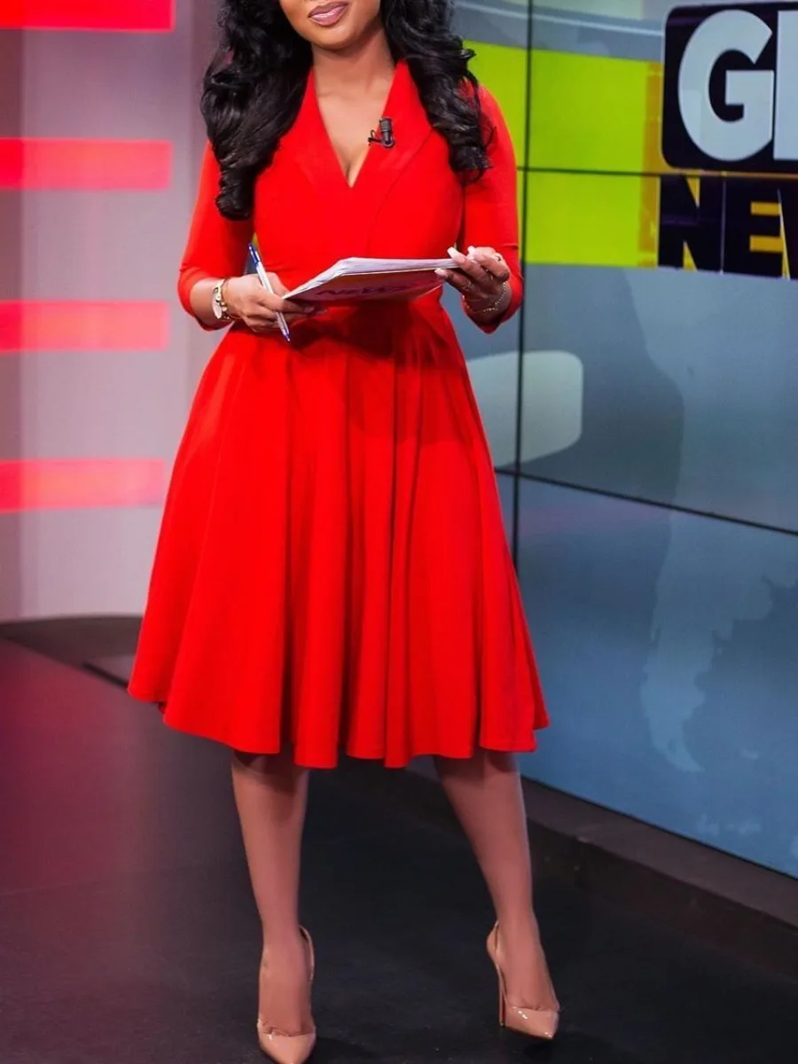 LW Червено Елегантна приталенное рокля трапецовидна форма с V образно деколте, отглаженная гънка, 3/4 ръкав, обикновена midi-рокли, облекло за тренировки, Офис облекла за дами