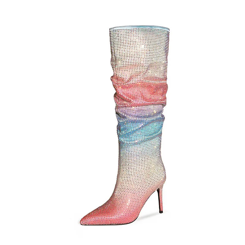 Модерен дамски ботуши до коляното с блестящи кристали, чубрица модерни ботуши на много висок ток в стил мозайка с остри пръсти, плисе, размер 35-47