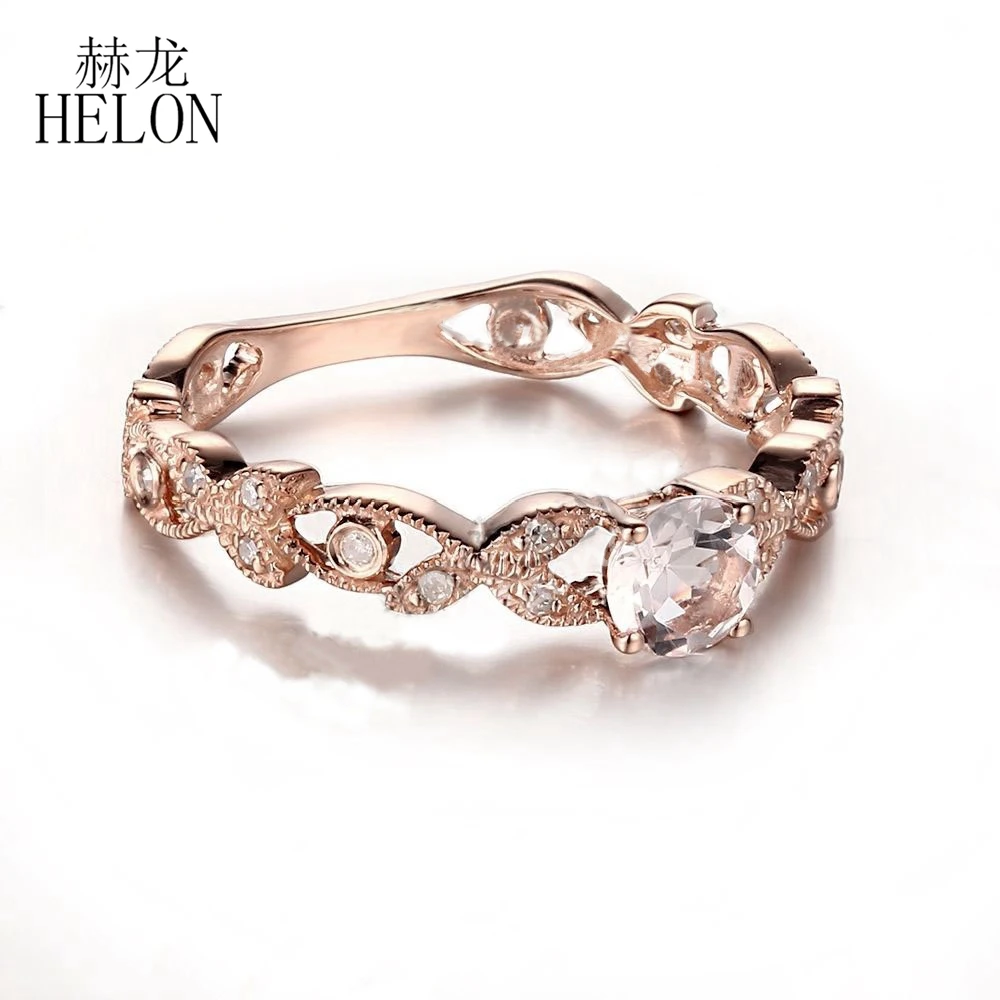 HELON Solid от розово злато 10 карата, Безупречен през цялата диамант 4,5 мм от естествен морганита, женски Венчален Модно бижу пръстен