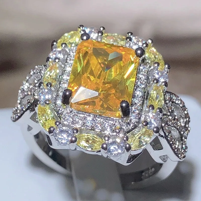 Прекрасни Жълти Квадратни пръстени, CZ за жени, ярки Реколта Вечерни Дамски Елегантни Аксесоари, Висококачествени Бижута за годежни пръстени