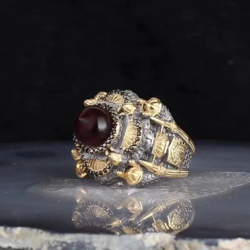 Реколта турски пръстени-печати с петна в тон Влекач за мъже и жени, ретро-Годежен пръстен с инкрустиран червен фианита, модни бижута, Подаръци за партита