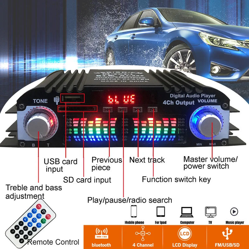 Автомобилен Усилвател 12V Bluetooth Аудио система Стерео Аудио Кутия с 4 Гласови Канала, FM U Диск аудио плейър с Дистанционно Управление