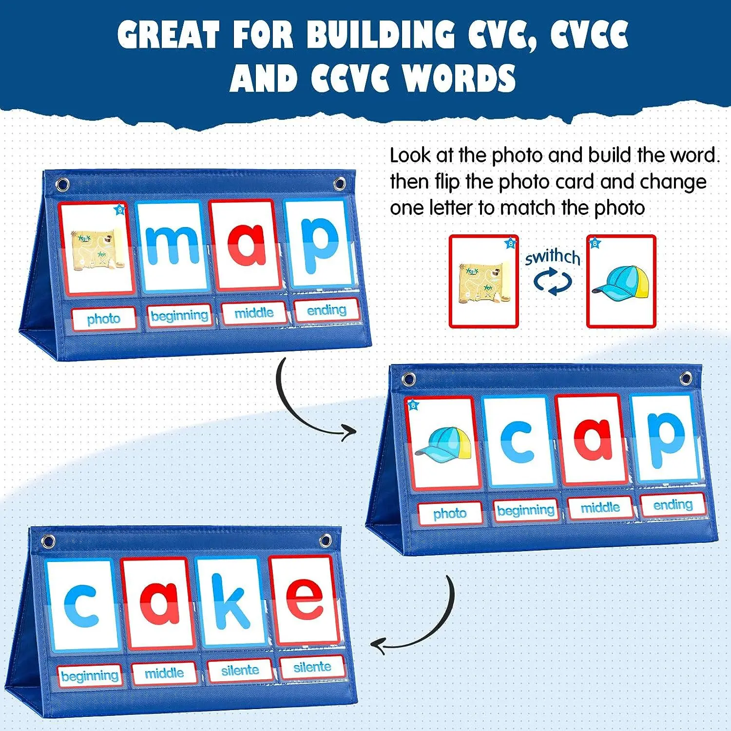 Флаш Карти за Децата Обучение CVC Word Builder Имат Схема За Детска Градина CVC Words Акустични Игри, Ученически Пособия