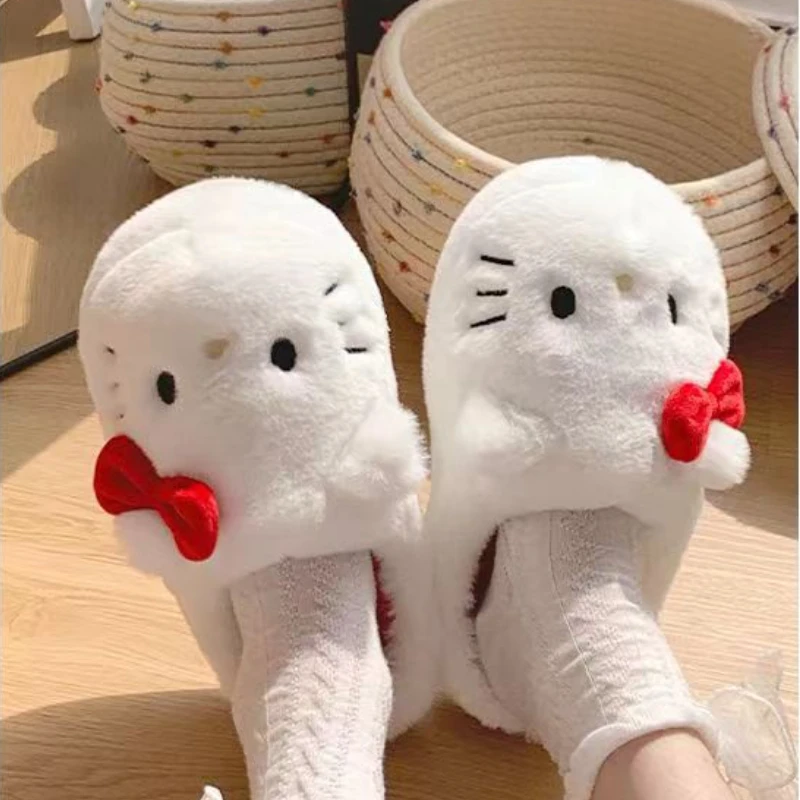 Плюшени чехли Sanrio Здравей Kittys Kawaii, скъпа студентски есенно-зимната спалня, Мек плюшен нескользящая памучен обувки, подарък за момичета