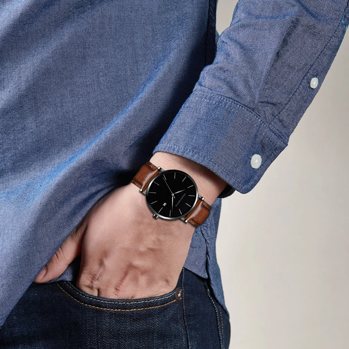 Класически мъжки часовник Баухаус Design, тъмно синьо, японски кварцов механизъм, водоустойчив, от неръждаема стомана, модерен бизнес календар, в ултра-тънък часовник
