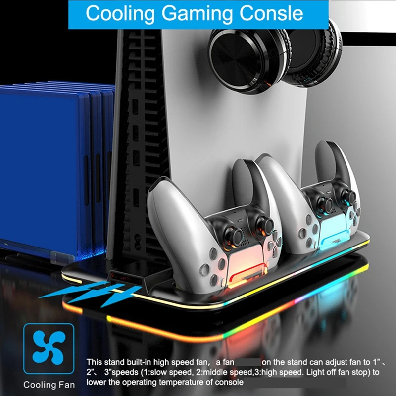 3-защитен led вентилатор за охлаждане за каботажните PS5, док-станция за зареждане на 2 контролери за Sony Playstation 5, диск/цифров RGB Студена светлина