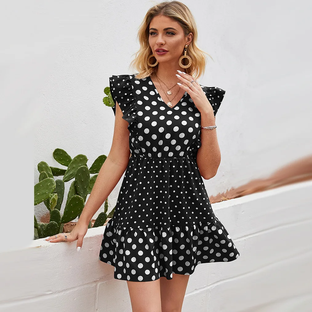 Търговия на едро с нови летни модни френски рокли без ръкави на точки в стил мозайка с къдри