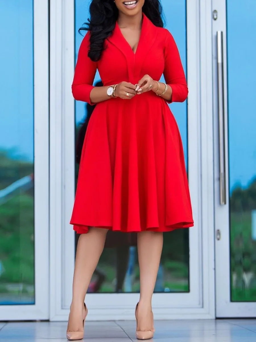 LW Червено Елегантна приталенное рокля трапецовидна форма с V образно деколте, отглаженная гънка, 3/4 ръкав, обикновена midi-рокли, облекло за тренировки, Офис облекла за дами
