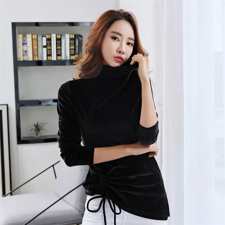 Дамски велур блуза, однотонная тениска, поло с дълъг ръкав, гофрирани кадифе, ризи, ежедневни блузи в корейски стил, женски блузы