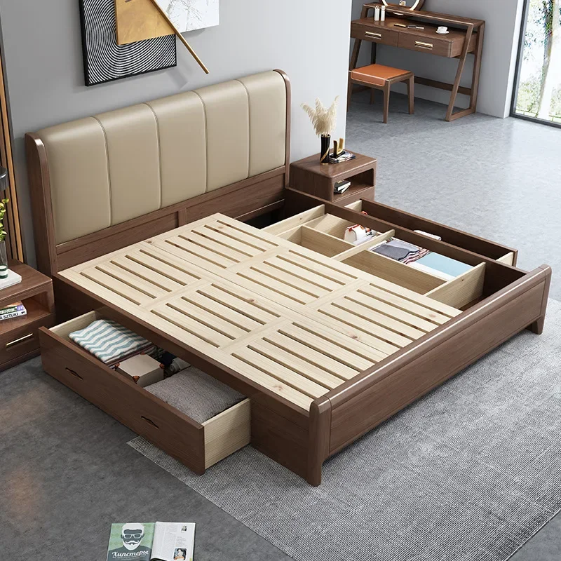 muebles king bed light луксозна модерна минималистичная кутия от орехово дърво с височина 1,8 м меко легло, мебели за спални DW6130