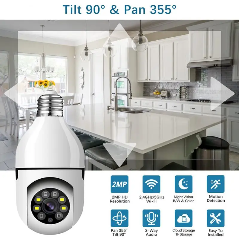 Лампа E27 Камера, WiFi видео Наблюдение в закрито Монитор за домашно сигурност 1080P Пълноцветен камера за нощно виждане с автоматично проследяване
