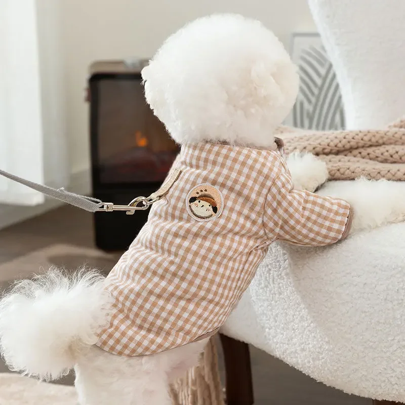 Открийте проста клетчатая дрехи за кучета с шарките на бяла мечка, памучен яке за домашни любимци за зимата, топли пуховик, плюшевое мультяшное тяга палто