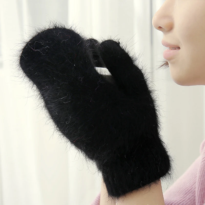 1 чифт женски зимни утолщенных топли плюшени еластични ръкавици с имитация на кожа заек, ръкавици с един пръст на всички пръсти, улични обикновена модерни ръкавици