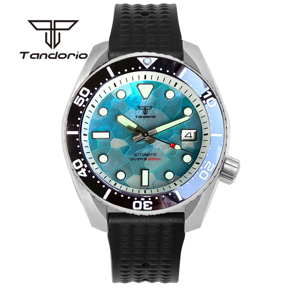 Мъжки Автоматичен часовник Tandorio 42,5 мм NH35A Датата, Сапфирен Кристал за Потапяне на 200 м, Матиран Корпус, Светлинен Перлен Циферблат, гумена лента