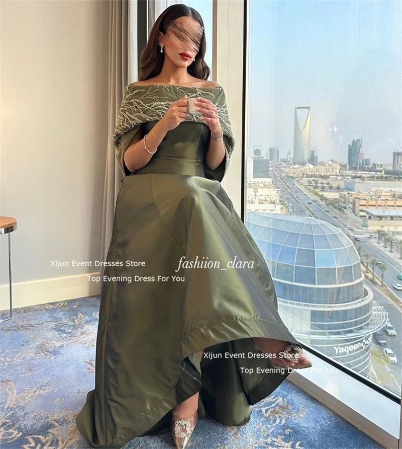 Луксозни вечерни рокли от зелен сатен Xijun, мъниста с деколте лодка, рокли за абитуриентски бал, рокли за бала в Саудитска Арабия, рокли за бала в Дубай, Дълга вечерна рокля