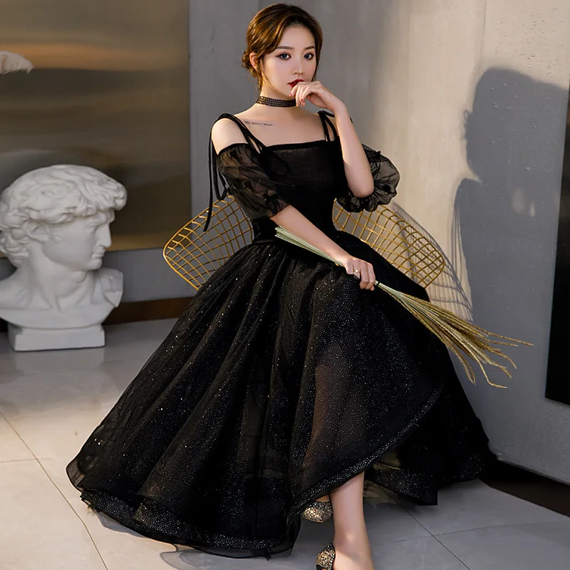 Дамски рокли за бала с дължина до черен чай LAMYA, просто вечерна рокля с лодка деколте и ръкав, по-големи размери, празнична рокля голям размер