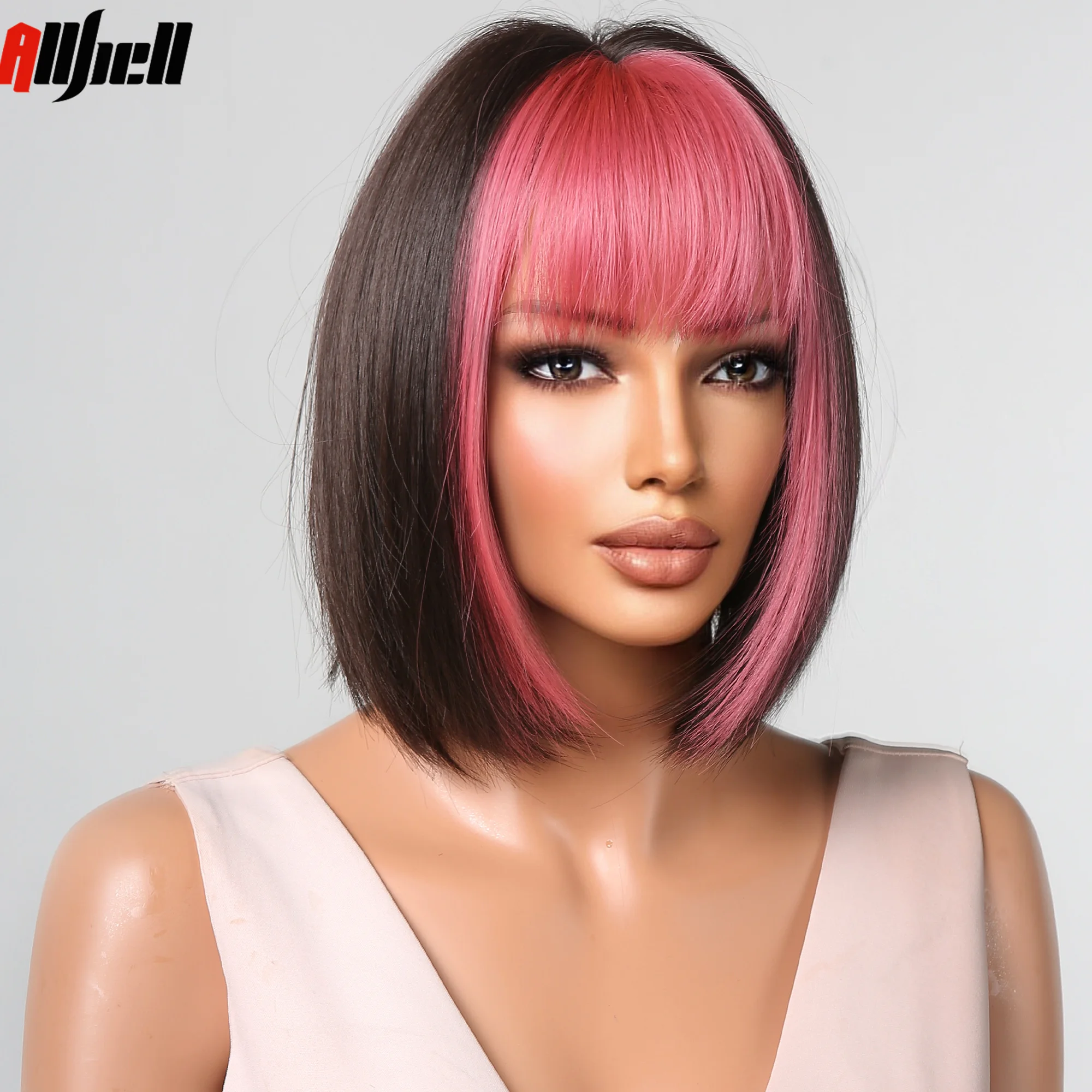 Тъмно-кафяви Къси преки синтетични перуки-боб, розово мелирование на косата с нежен бретон за жените, ежедневно cosplay Лолита