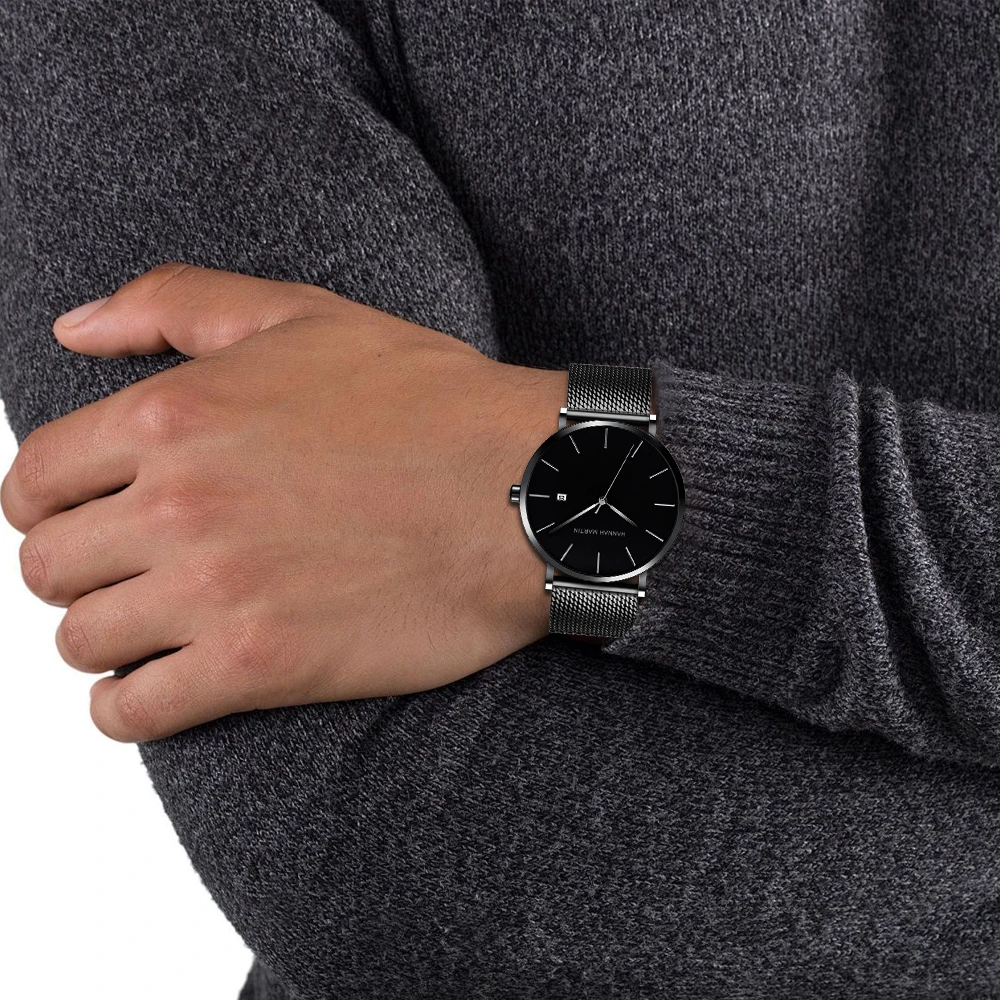 Класически мъжки часовник Баухаус Design, тъмно синьо, японски кварцов механизъм, водоустойчив, от неръждаема стомана, модерен бизнес календар, в ултра-тънък часовник