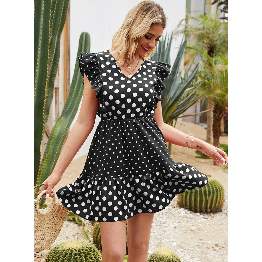 Търговия на едро с нови летни модни френски рокли без ръкави на точки в стил мозайка с къдри