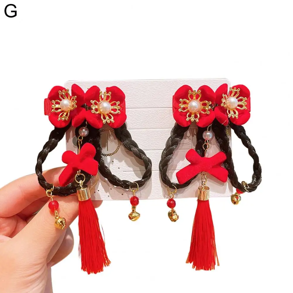 Фиби-лъкове в китайски стил, плюшени щипки за коса-мъниста, с пискюли, празничен подпори за фотосесия за момичета, мини щипки за коса с изкуствени плетена коса