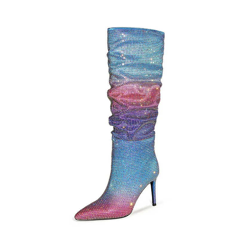 Модерен дамски ботуши до коляното с блестящи кристали, чубрица модерни ботуши на много висок ток в стил мозайка с остри пръсти, плисе, размер 35-47