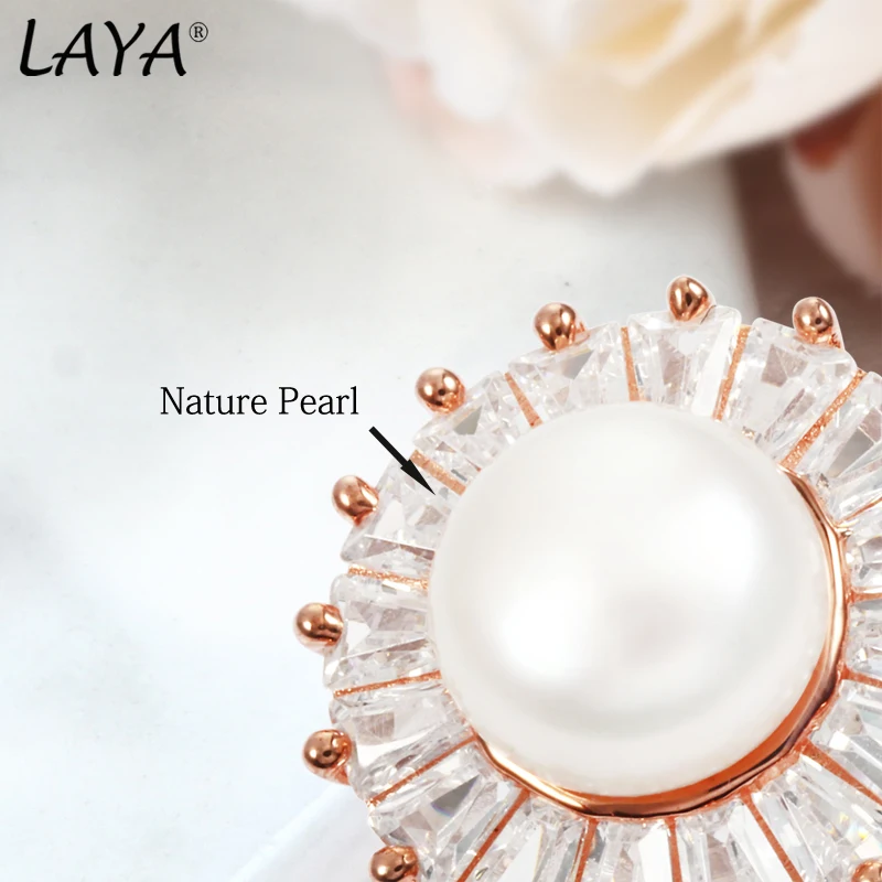 Модерен пръстен от сребро 925 проба Laya с натурален сладководните перли и регулируем цирконии AAAAA за жени, сватбени декорации