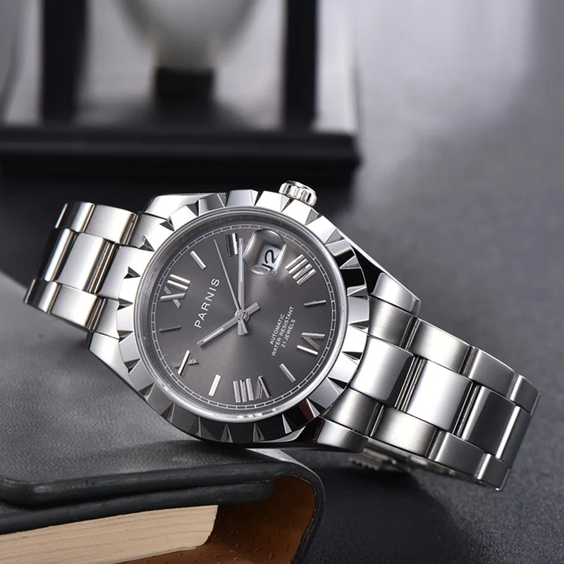 Модерен Мъжки часовник Parnis 39,5 мм Със сив циферблат, Сапфирен Кристал Miyota 8215, Автоматични Механични Мъжки Ръчен часовник reloj hombre 2023