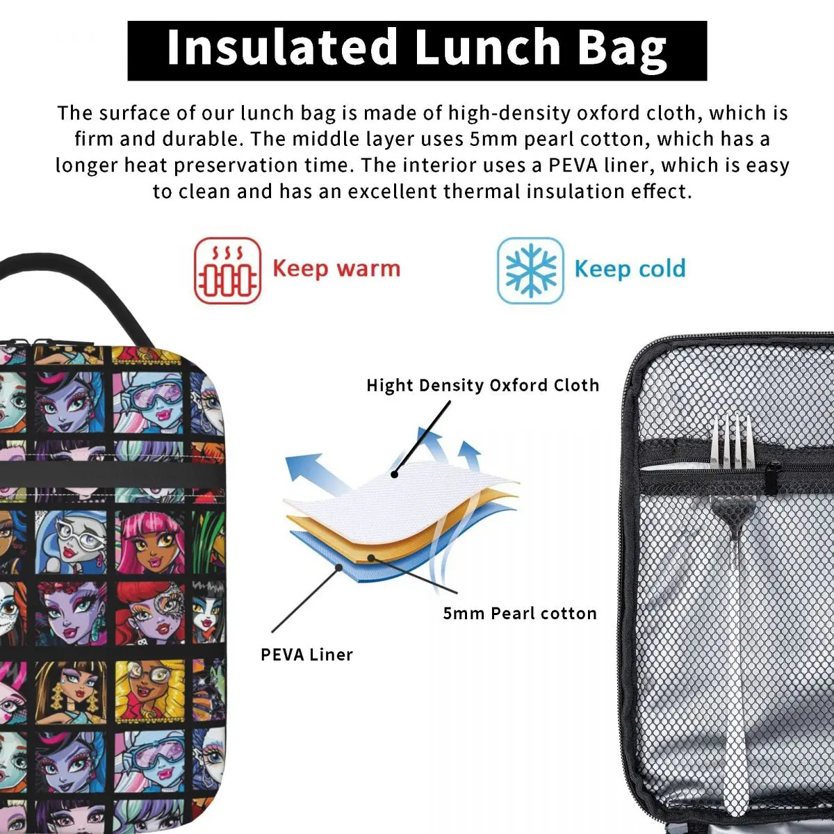 Monster High Колаж Изолирани чанти за обяд Голямо множество термосумка Draculaura Мъкна Lunch Box College Outdoor Мъже, Жени