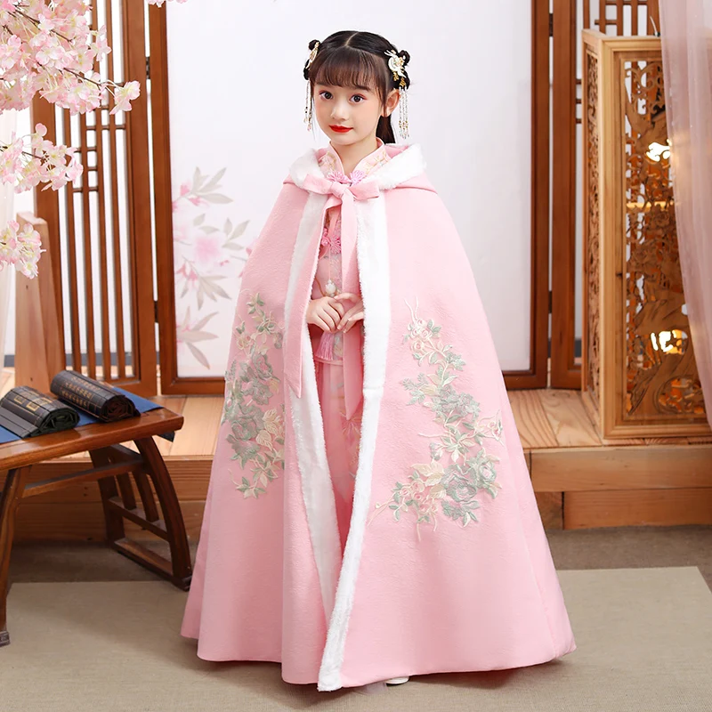 Зимна нова наметало Hanfu за момичета с бродерия Дълъг дъждобран Китайска детска наметало в древен стил Детска коледна облекло Запазва топлината