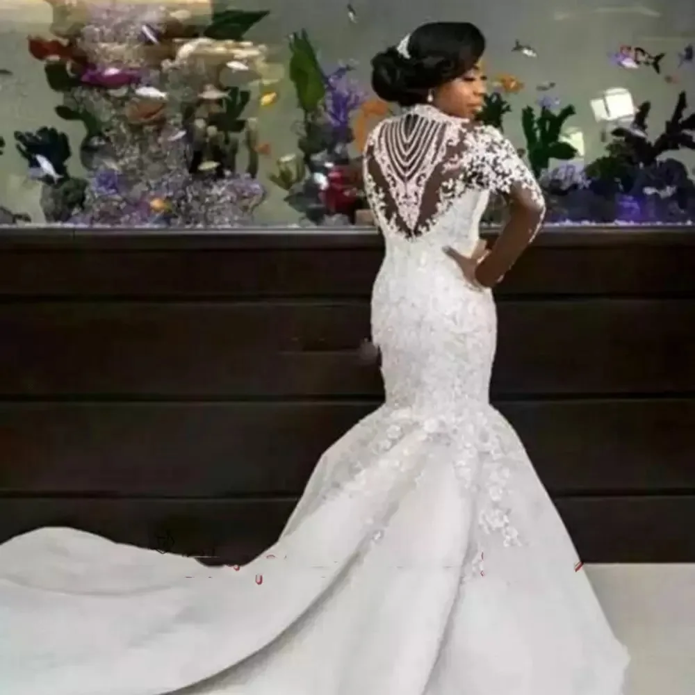 Луксозна Сватбена рокля с високо воротом и кристали в Африканския стил Русалка с цип отзад С дълъг ръкав, расшитое мъниста, рокля на булката Vestido De Noiva