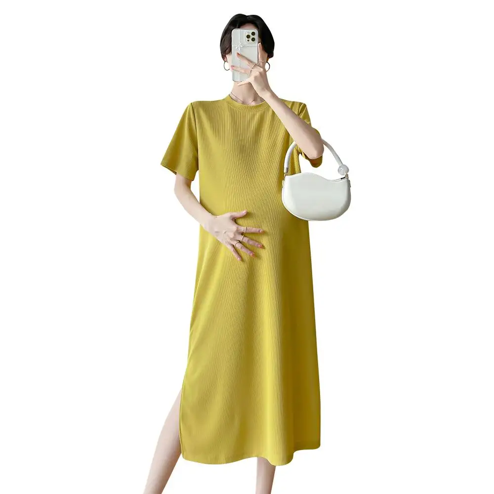 Жълто-бежевое Лятна рокля за бременни с къс ръкав и кръгло деколте, пряко рокля за бременни с цепка отстрани, модни широки дрехи за бременни