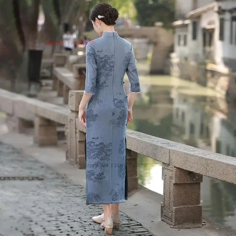 китайското винтажное рокля 2024 г., традиционен чонсам, замшевый ципао с националния цветисти принтом, елегантна източното рокля за банкет и партита