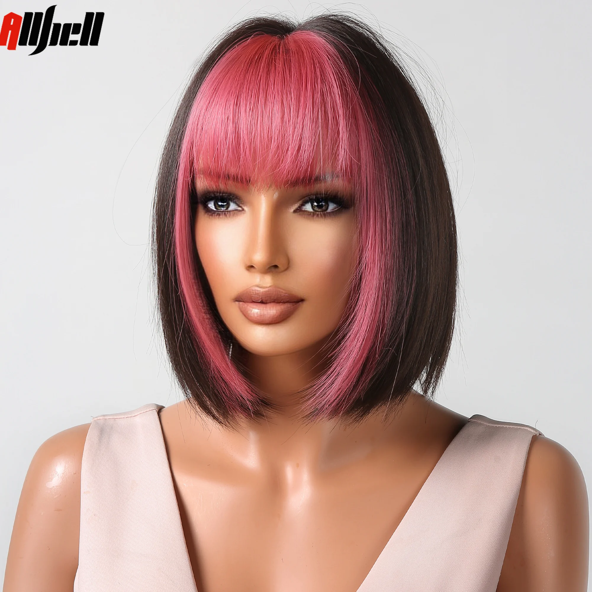 Тъмно-кафяви Къси преки синтетични перуки-боб, розово мелирование на косата с нежен бретон за жените, ежедневно cosplay Лолита