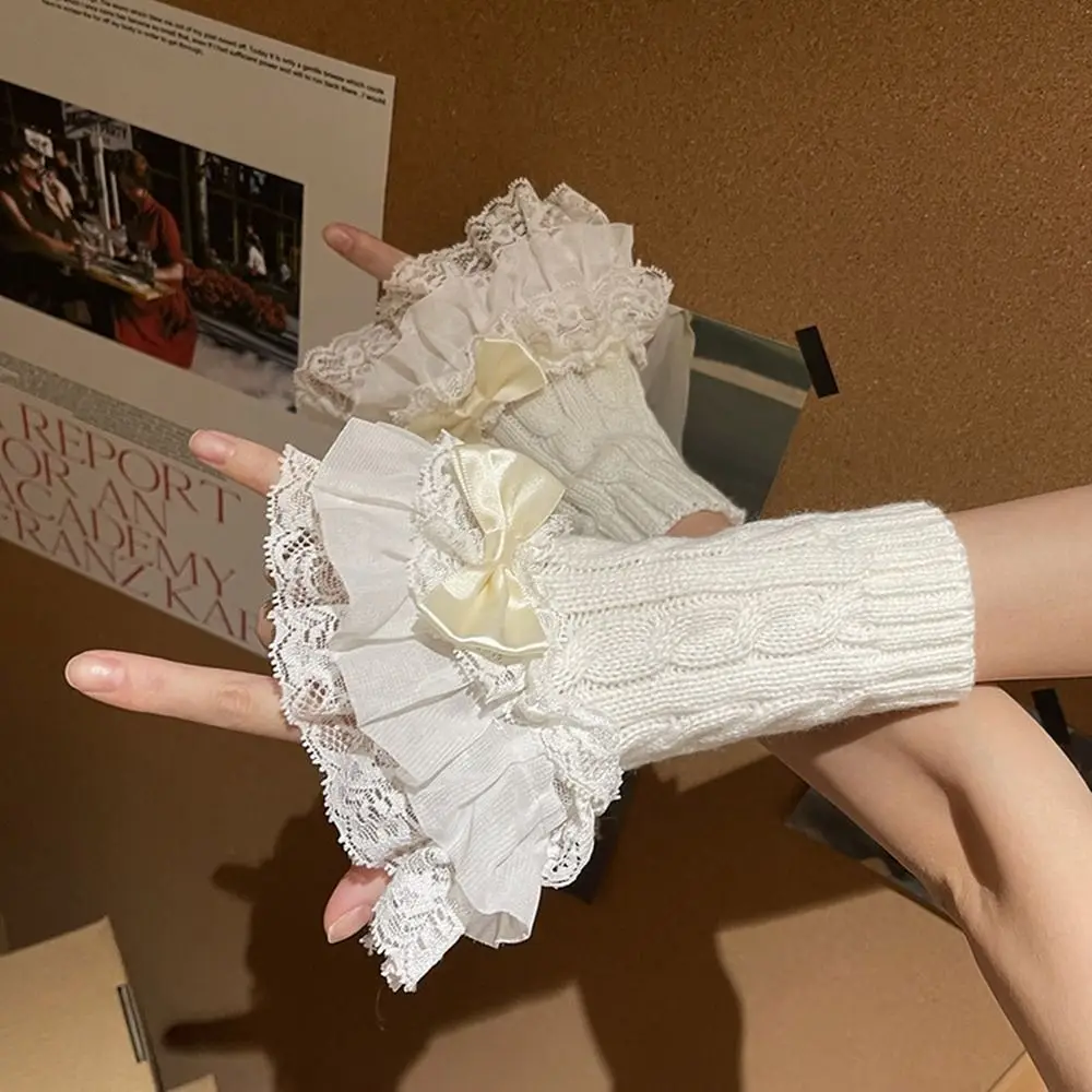 Ръкавици свързани с лък със сензорен екран, лесни дантелени зимни ръкавици Y2k, топли възли ръкавици, плетени калъф за ръкавици за жени / момичета