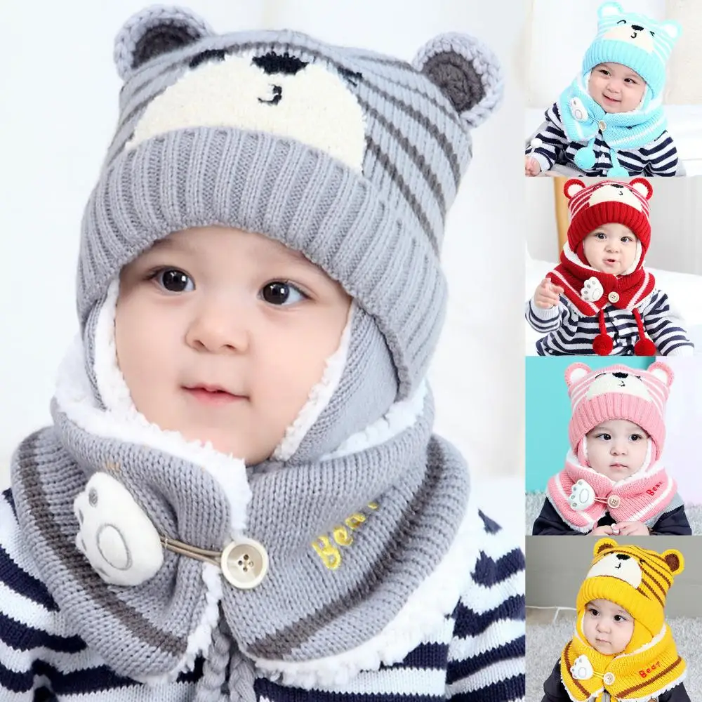 Шапка унисекс с мечка, топло детски зимни вязаная шапчица в лента с изображение на анимационни герой, шал, слушалки, определени