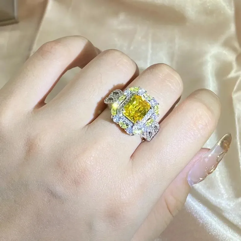 Прекрасни Жълти Квадратни пръстени, CZ за жени, ярки Реколта Вечерни Дамски Елегантни Аксесоари, Висококачествени Бижута за годежни пръстени