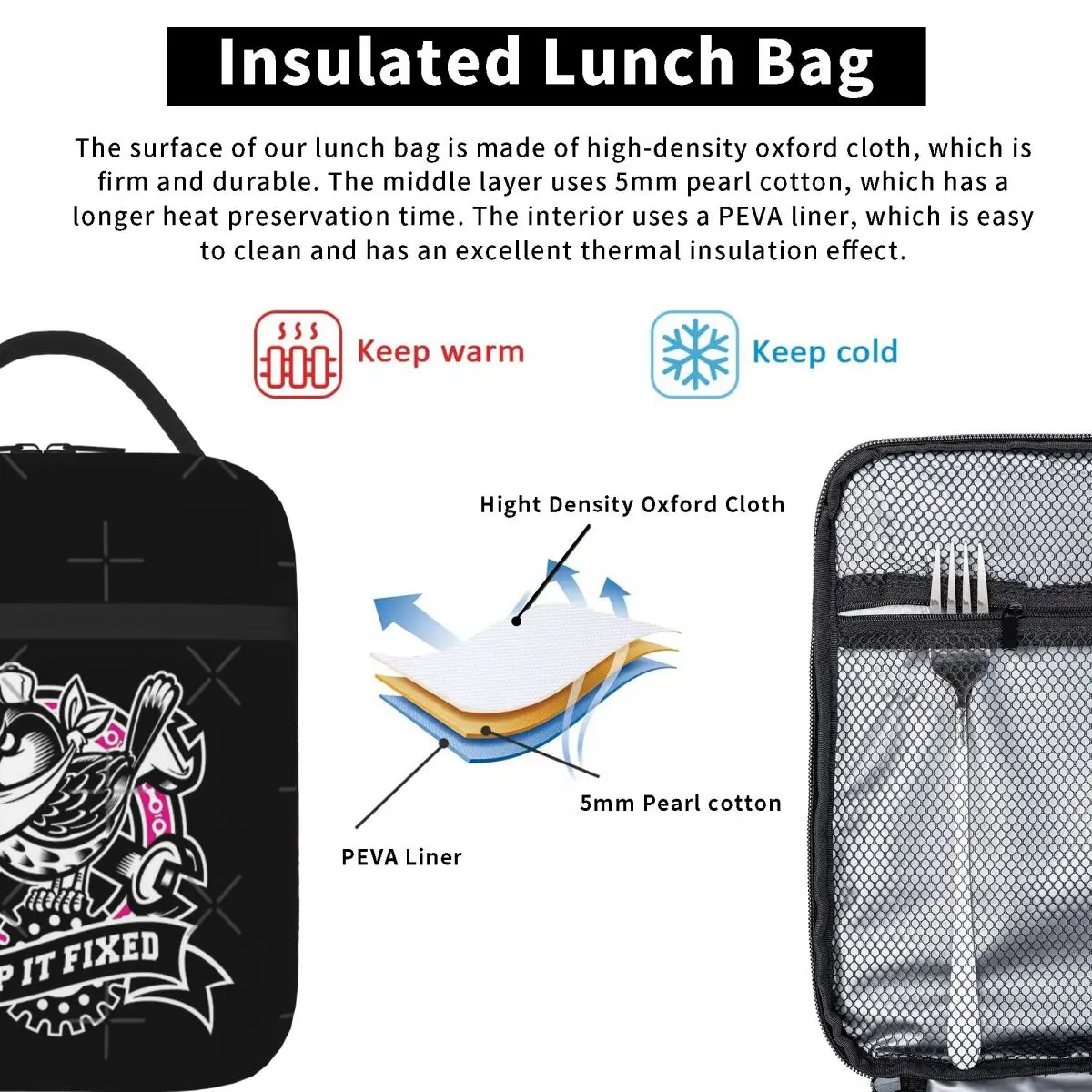 KEEP IT FIXED ЧЕРНА БАЗОВА чанта за обяд, чанта за пикник, изолирано чанта, термосумка-хладилник
