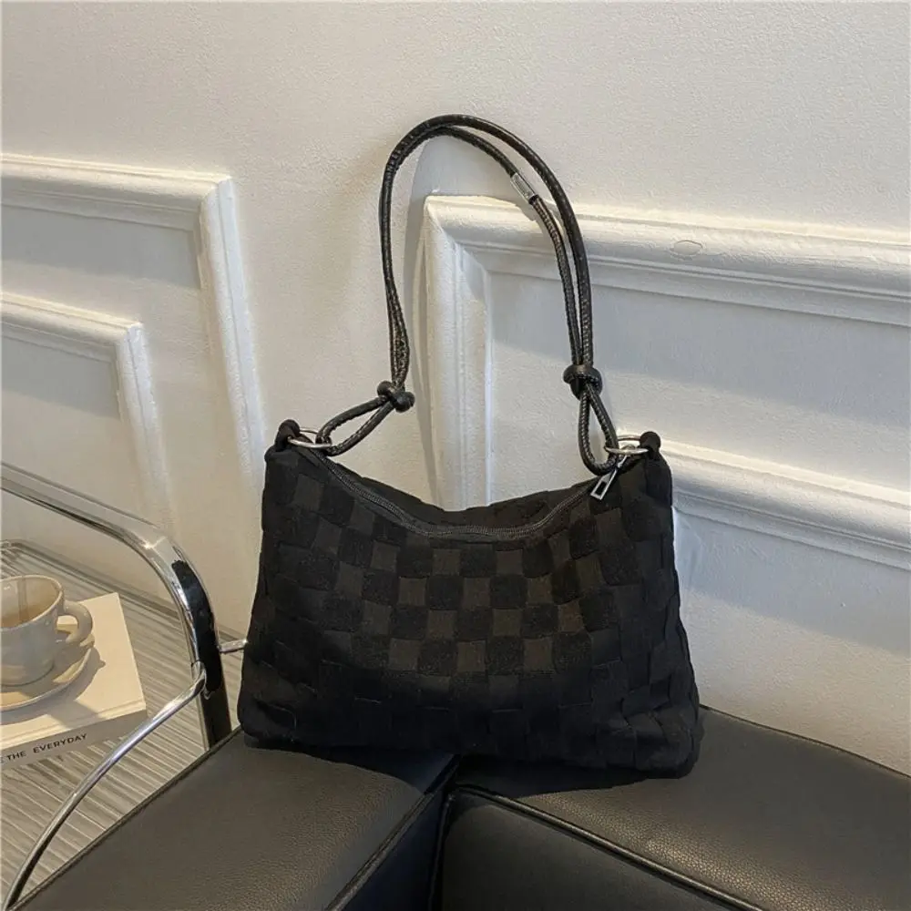 Плюшен чанта през рамо в шахматна мрежа, чанти през рамо с голям капацитет, портфейли Y2k, чанти, проста ежедневна чанта под мишниците за жени