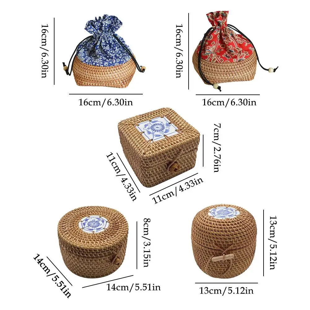 Многофункционална Кръгли кутии от ратан с капак, Сплетен тава ръчно изработени, украса на работния плот, Органайзер за грим, кутия за съхранение