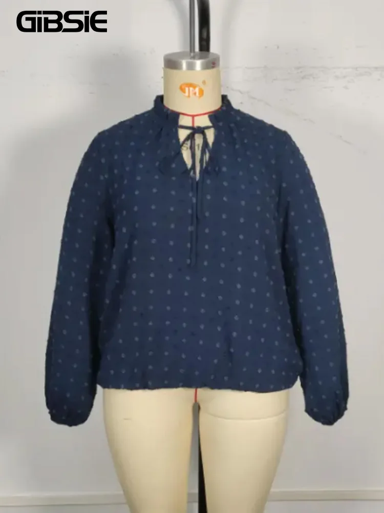 GIBSIE Плюс размери, Блузи с ръкави-фенерчета и завязками в швейцарската грах за жени, Пролет-есен, Ежедневни блузи с еластична подолом, Мода 2023, Новост