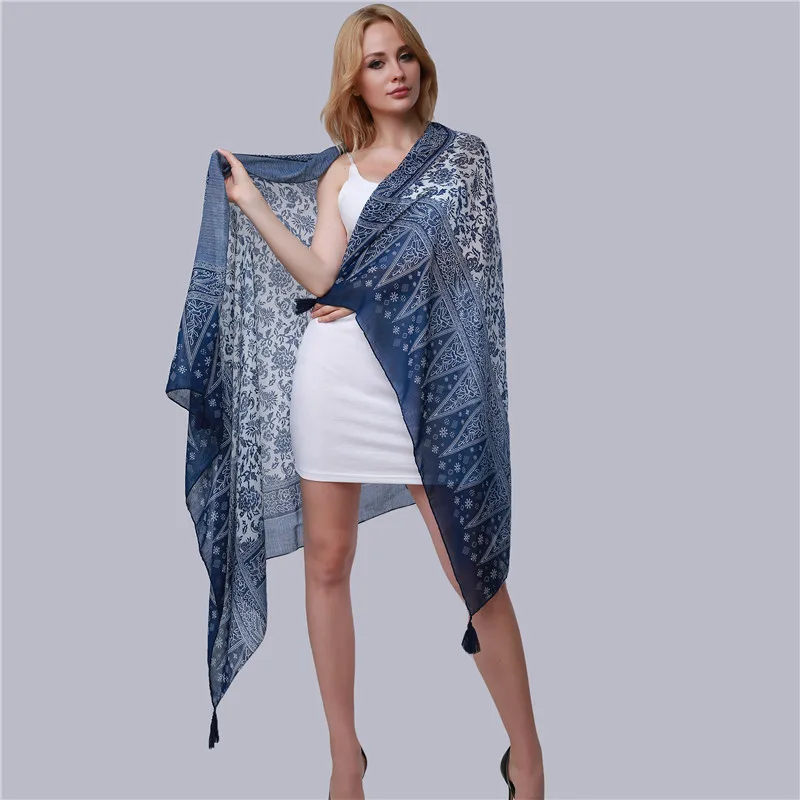 2023 Дамски Дълги шалове Елегантни синьо-бели порцеланови пелерини с пискюли и принтом Дамски плажни шалове в национален стил