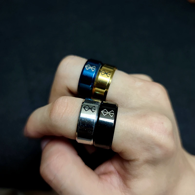 4 Цвят Аниме Периферното пръстен Берсерка Запомнящо се Модно Просто Така Лазерно пръстен от неръждаема стомана за мъже и жени, Подарък за бижута