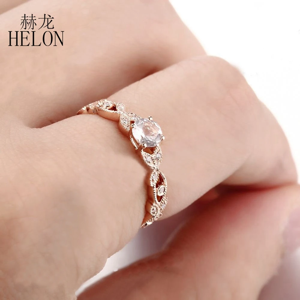 HELON Solid от розово злато 10 карата, Безупречен през цялата диамант 4,5 мм от естествен морганита, женски Венчален Модно бижу пръстен