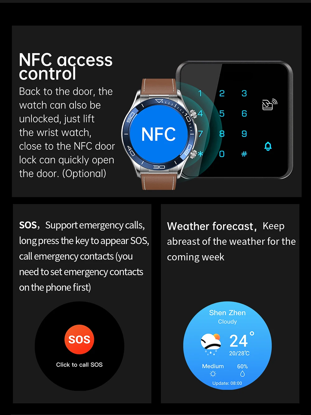 Смарт часовници с Bluetooth-разговори, NFC SOS, GPS тракер, фитнес часовник, сърдечната честота, Кръвно налягане, Умни часовници за здравето, за мъже 100 + спортни режими