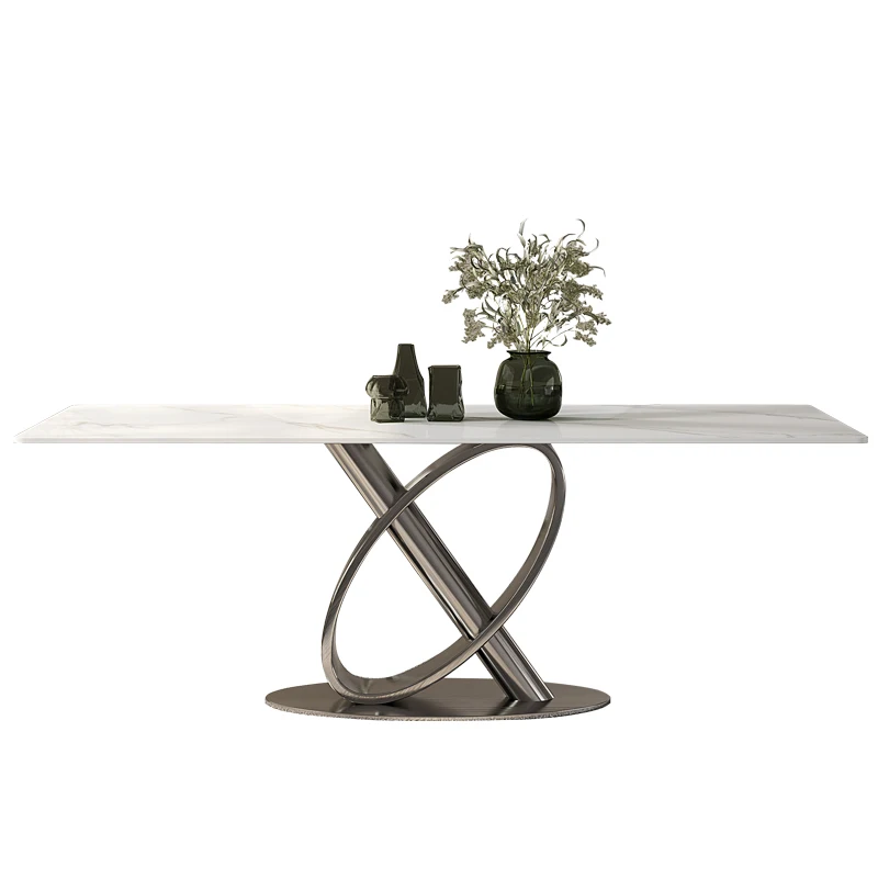 Нов маса за хранене италиански луксозен дизайнерски сив стомана цвят, обикновен светъл правоъгълна маса за хранене от светъл плоча, стол combina
