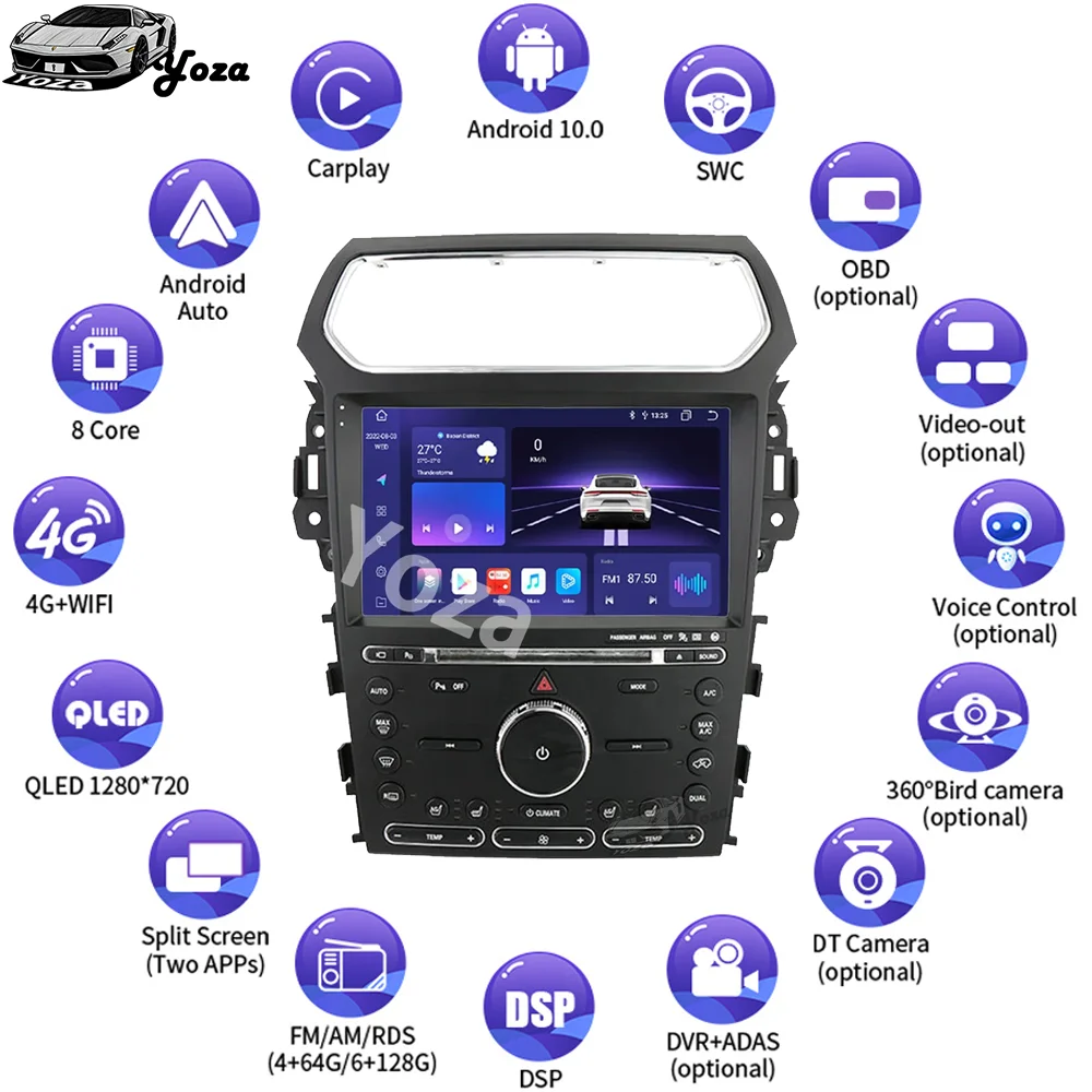 Автомагнитола Yoza Carplay за Ford Explorer 2011-2020 Android 11 Мултимедиен плейър със сензорен екран, GPS Навигация Стерео 4G Подарък инструменти